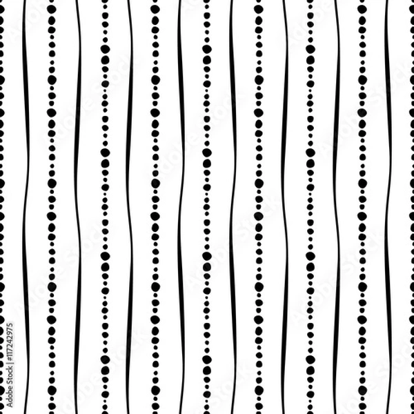 Fototapeta Seamless vector decorative hand drawn pattern. Black and white geometric endless background with dots and vertical lines.