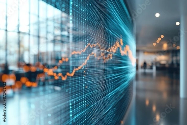 Fototapeta Futuristic virtual financial graph analysis modern office digital visualization urban environment eye-level view technology trends