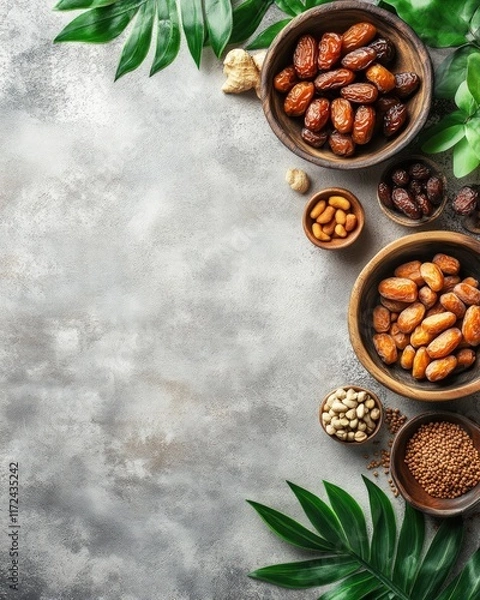 Fototapeta Top view of various dried fruits and nuts arranged on a gray textured surface with tropical leaves.