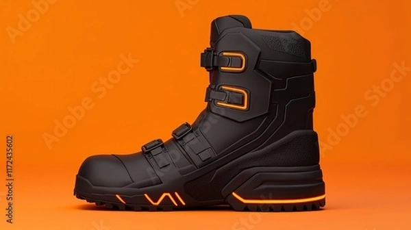 Fototapeta A stylish black boot with orange accents, designed for durability and performance, set against a bright orange background.