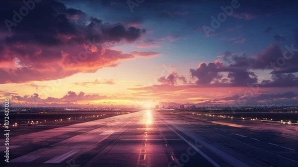Fototapeta A tranquil morning view of an airport runway illuminated by the radiant light of sunrise, surrounded by a calm sky