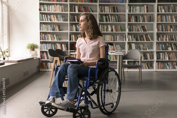 Fototapeta Thoughtful serious young female student wheelchair user studying in library spend time alone sit by window hold workbook look at distance think on postgraduate education plan future career. Copy space