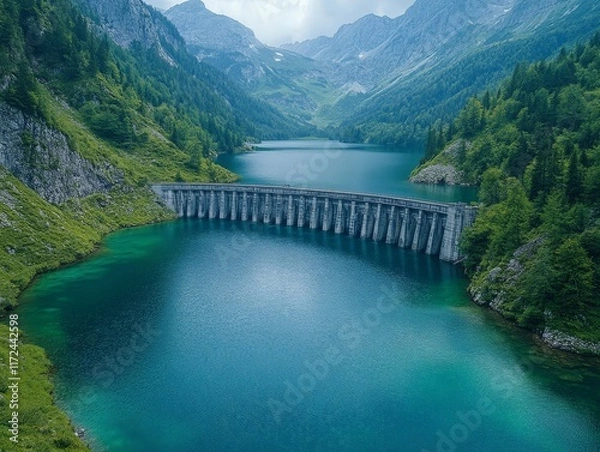 Fototapeta A scenic view of a dam surrounded by mountains and a tranquil lake.