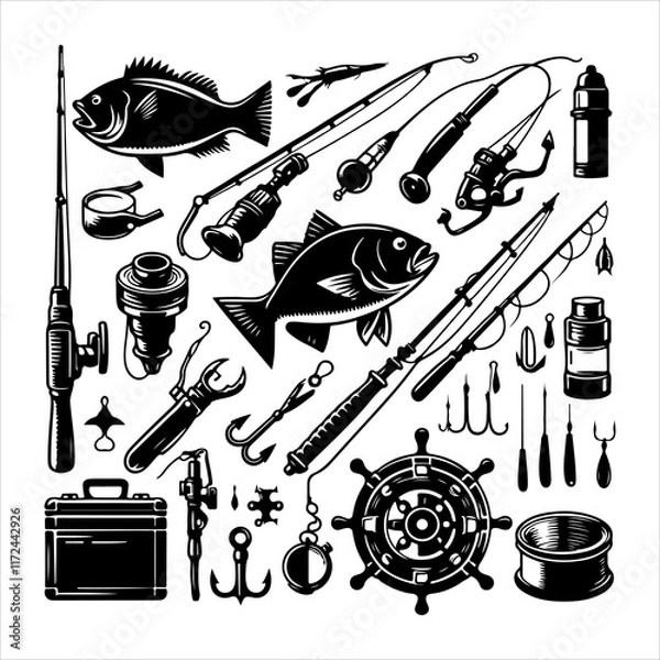 Fototapeta Set of fishing elements vector. Equipment of fisherman and fishing icons set. Fishing elements silhouette vector art illustration