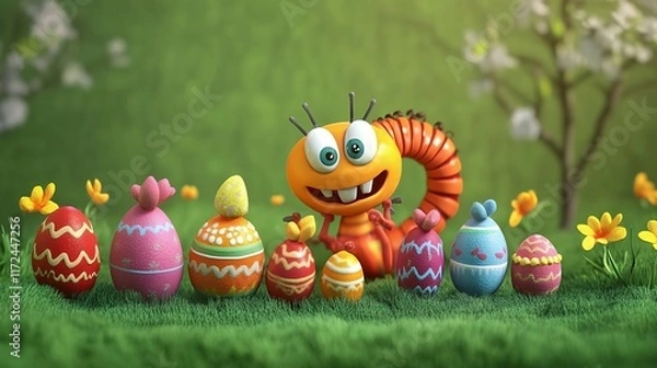 Fototapeta Playful Caterpillar and Decorated Easter Eggs in a Whimsical Spring Scene