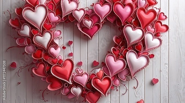 Fototapeta Heart-Shaped Wreath in Shades of Pink and Red on Rustic Wooden Background