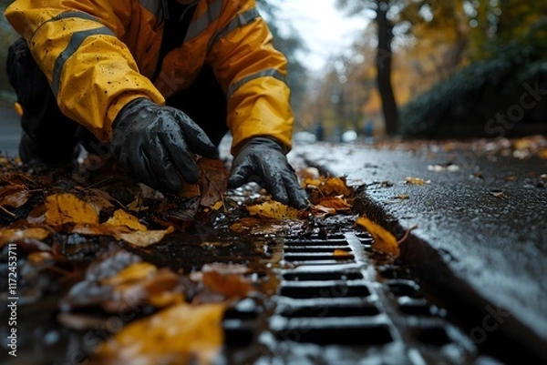 Fototapeta Sanitation worker in protective gloves clearing a clogged storm drain of leaves and debris after heavy rainfall to maintain water flow and prevent flooding 