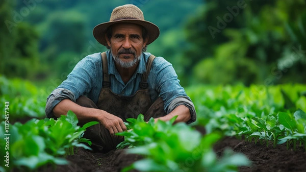 Fototapeta The Farmer's Touch: A weathered farmer, his face etched with experience, kneels amidst a flourishing field, his hands gently tending to the burgeoning crops. The lush greens, the fertile earth.