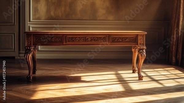 Fototapeta A vintage wooden table with intricate carving details, isolated in an empty room with warm lighting