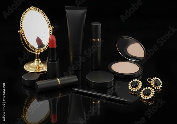 Obraz Minimalist unbranded matte black cosmetic products packaging mockups, for a premium cosmetic business, reflective black surface, arranged with jewelry, dark background, AI generative