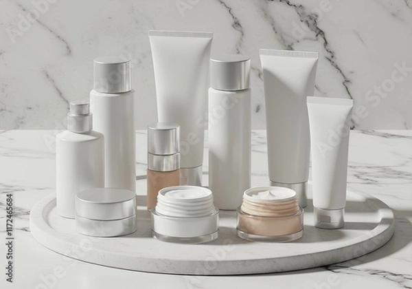 Obraz Minimalist unbranded white cosmetic products packaging mockups suitable for cozy, premium cosmetic business. Isolated background, AI generative