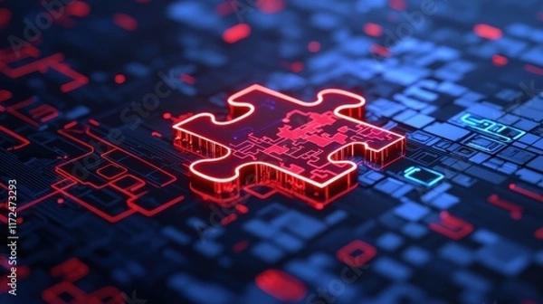 Fototapeta A futuristic digital puzzle interface with glowing neon patterns, emphasizing abstract thinking and logic-building, the pieces floating in mid-air, creating a visually striking