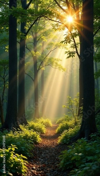 Fototapeta A peaceful forest scene with a warm golden light filtering through the trees, nature scenery, woodland