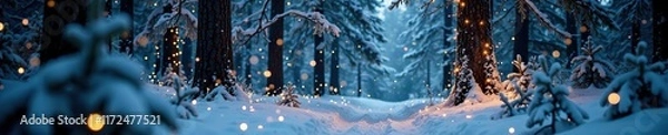 Fototapeta Snowy forest with tall tree covered in twinkling lights, evergreen, peaceful