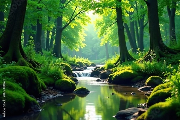 Fototapeta Gentle stream flowing through peaceful forest landscape, green, tranquil