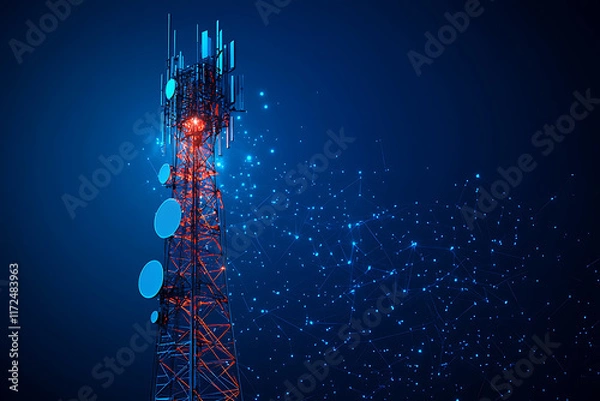 Fototapeta telecommunication base station receiver, featuring a tall tower with multiple antennas, dishes, and signal transmitters. The design highlights modern telecommunication technology