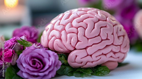 Fototapeta A pink brain model surrounded by vibrant purple roses and green leaves, creating a striking contrast and a unique visual appeal.