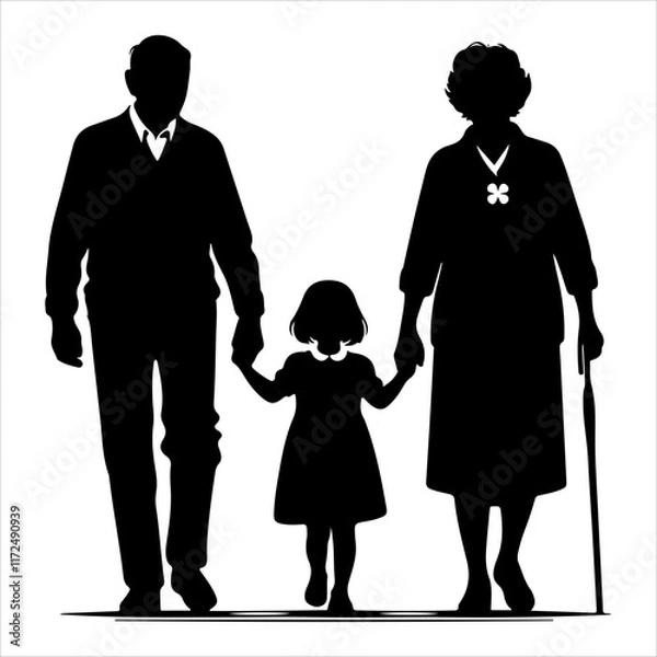 Fototapeta Grandparents walking silhouette vector. Child enjoying with grandfather and grandmother vector art illustration on a white background