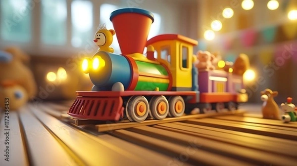 Fototapeta Colorful Toy Train Carries Stuffed Animals Across Wooden Tracks