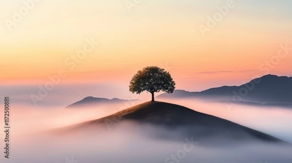 Fototapeta A lone tree standing on a hilltop, enveloped in a swirling mist that obscures the surrounding landscape, creating a haunting and evocative scene.