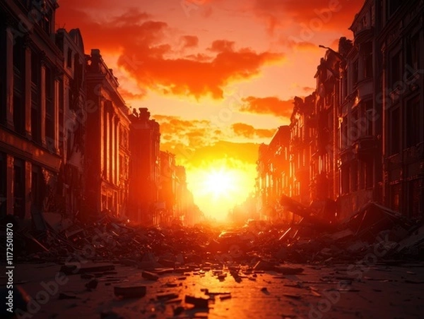 Fototapeta War-torn cityscape with crumbled buildings, shattered windows, and a red-tinged sky, vividly evoking the devastation and destruction of conflict