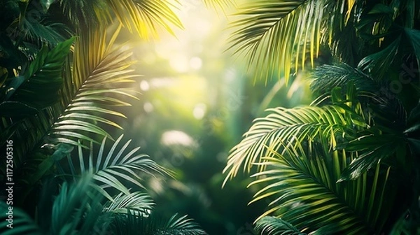 Fototapeta A vibrant tropical frame with lush green palm leaves, their sharp textures and natural curves creating a dynamic border, sunlight casting gentle highlights, the center left blank for text,