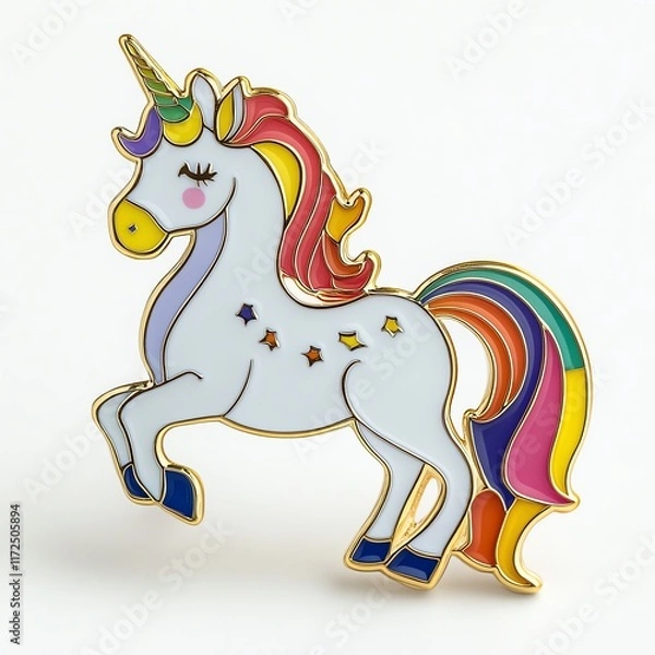 Fototapeta A colorful unicorn pin featuring vibrant rainbow mane and tail, designed with playful details and a whimsical expression.