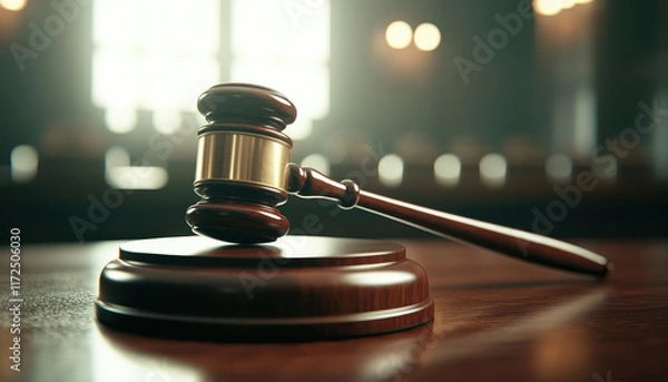 Obraz courtroom gavel rests on wooden desk, symbolizing justice and authority. warm lighting creates serious atmosphere, perfect for legal proceedings