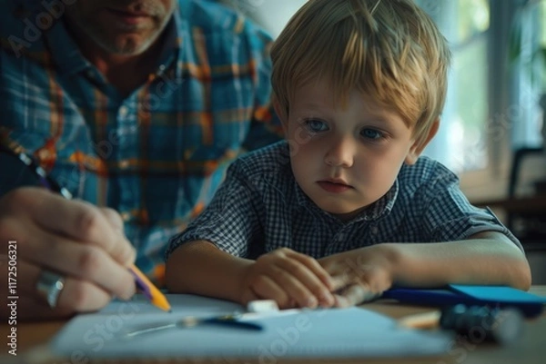 Fototapeta Little boy studying at home doing homework with father help