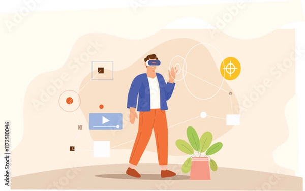 Obraz An immersive virtual reality experience illustration featuring a user wearing VR goggles, interacting with vibrant 2D graphics and digital environments