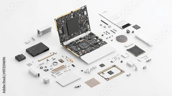Obraz Detailed Exploded View of Laptop Components on White Background Showcasing Technology and Hardware Elements for Educational and Informational Purposes
