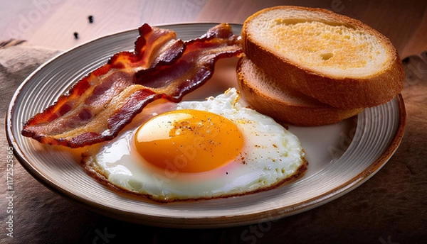 Obraz Plate with fried egg, crispy bacon and bread