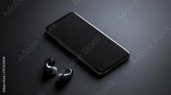 Fototapeta Wireless earbuds and a sleek smartphone lay on a dark surface in a modern setup
