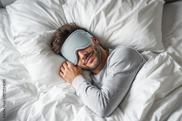 Fototapeta Relaxed man lying in bed wearing a gray sleep mask, surrounded by soft white pillows and a cozy blanket. Concept of comfort and rest. Ai generative