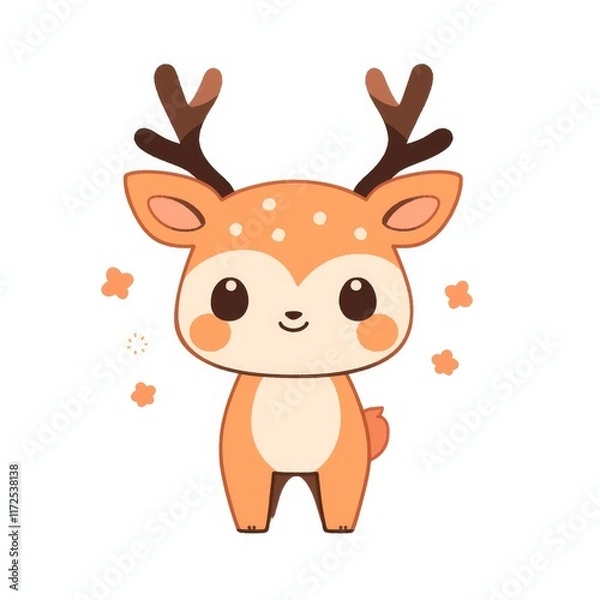 Obraz A cute, cartoon deer with antlers and a cheerful expression, surrounded by playful floral accents, perfect for children's illustrations.