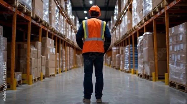 Fototapeta Warehouse Worker in Safety Vest Contemplating Inventory Management in Storage Space Surrounded by High Shelves and Cardboard Boxes Under Bright Industrial Lighting
