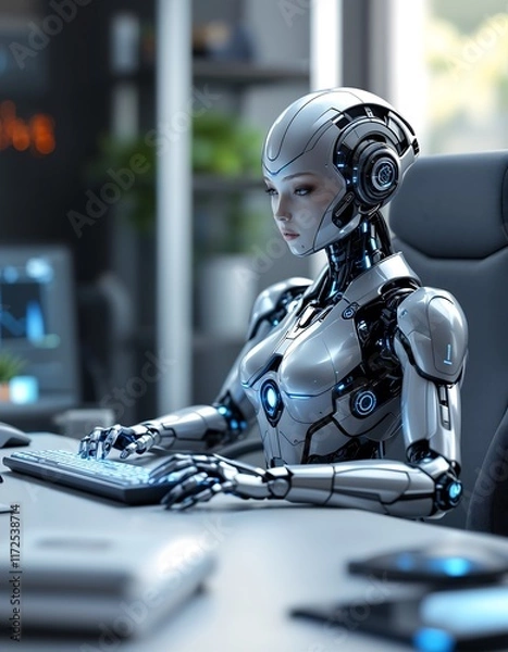 Fototapeta Beautiful Female Robot Sitting at Modern Desk with Computer Mouse Surrounded by Advanced Technology