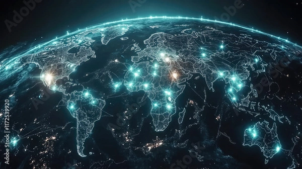 Fototapeta Global Network Visualization with Bright Connections over Earth