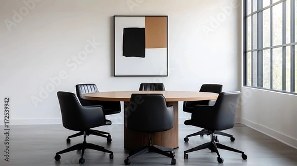 Fototapeta Minimalist and Elegant Meeting Room with Modern Art Backdrop and Large Windows