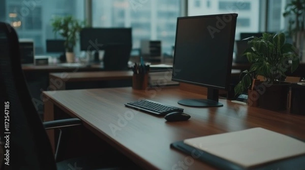 Fototapeta Modern office workspace featuring a desk, computer monitor, and minimalistic decor.