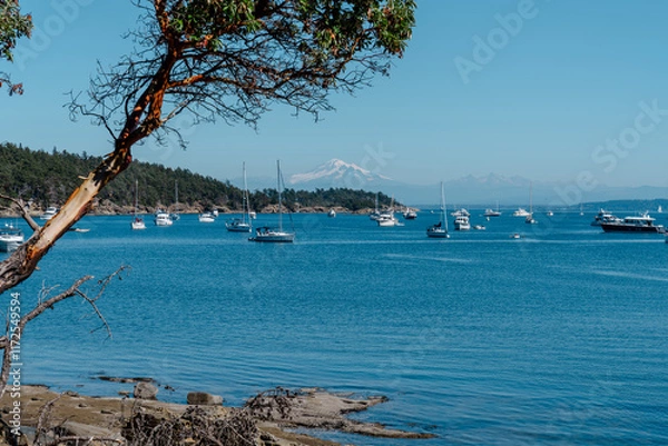 Fototapeta Boats off shore of Sucia Island in the San Juan Islands in the Pacific Northwest in Washington 