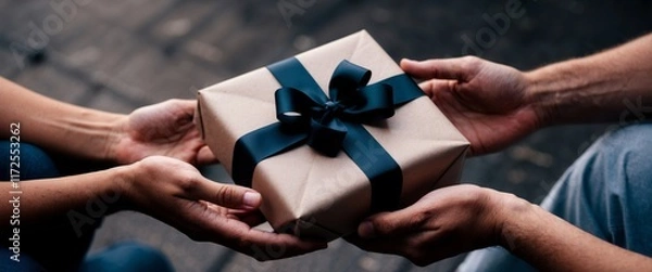 Fototapeta A close-up of hands giving a beautifully wrapped gift to another person. The scene conveys warmth, care, and symbolizes gratitude.