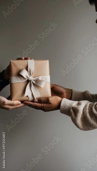 Fototapeta A close-up of hands giving a beautifully wrapped gift to another person. The scene conveys warmth, care, and symbolizes gratitude.