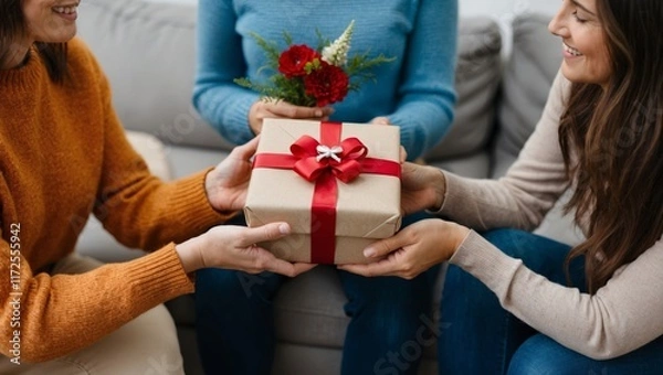 Fototapeta A close-up of hands giving a beautifully wrapped gift to another person. The scene conveys warmth, care, and symbolizes gratitude.