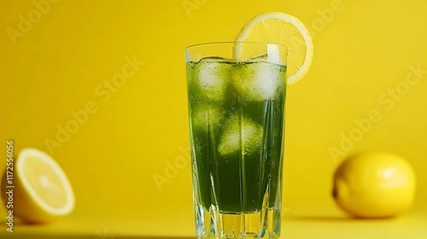 Obraz Refreshing matcha water, served in a tall glass with ice, garnished with a thin slice of lemon, pure and natural
