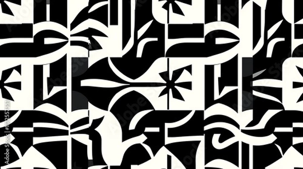 Obraz Abstract Geometric Black and White Pattern - A bold and graphic black and white abstract pattern with repeating geometric shapes and lines.