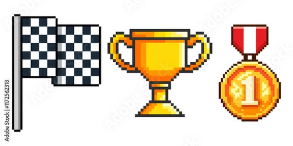 Fototapeta Pixel art of cup, medal, racing flag. A selection of retro games.