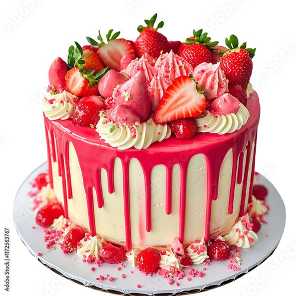 Fototapeta Strawberry Cake Delight: A mouthwatering strawberry cake with a vibrant, pink frosting, lavishly adorned with fresh strawberries and delicate, sweet treats.