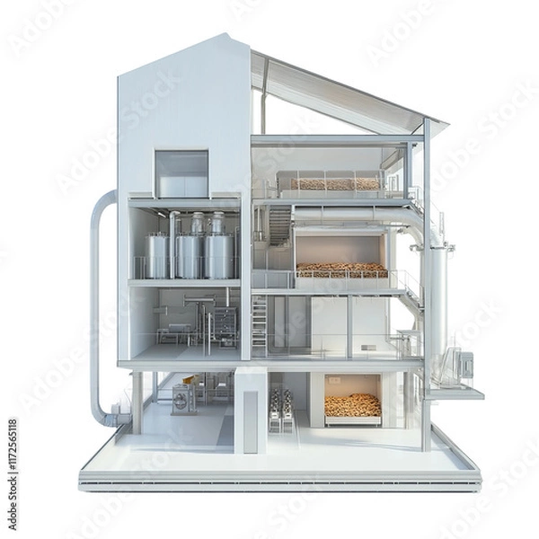 Fototapeta Industrial Facility Interior: Cross-section rendering of an industrial facility displaying equipment and processes within the building's structure, conveying the engineering and operational aspect.