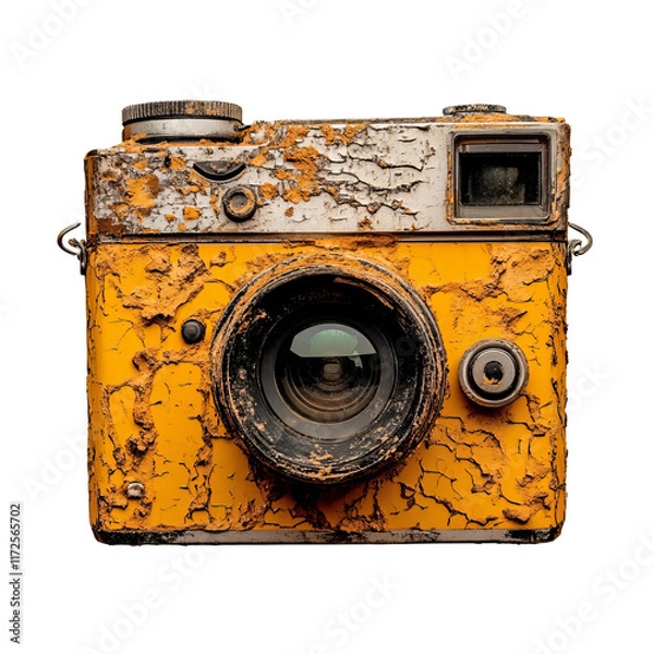 Fototapeta Antique Camera with Weathered Paint: A vintage camera with weathered yellow paint stands as a testament to time and memories, its lens reflecting stories of the past.